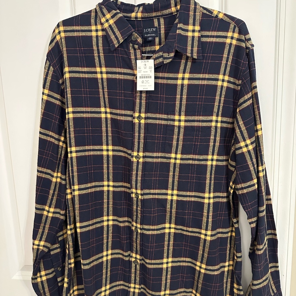 NWT J. Crew Men's Checkered Navy and Yellow Flannel Size XL